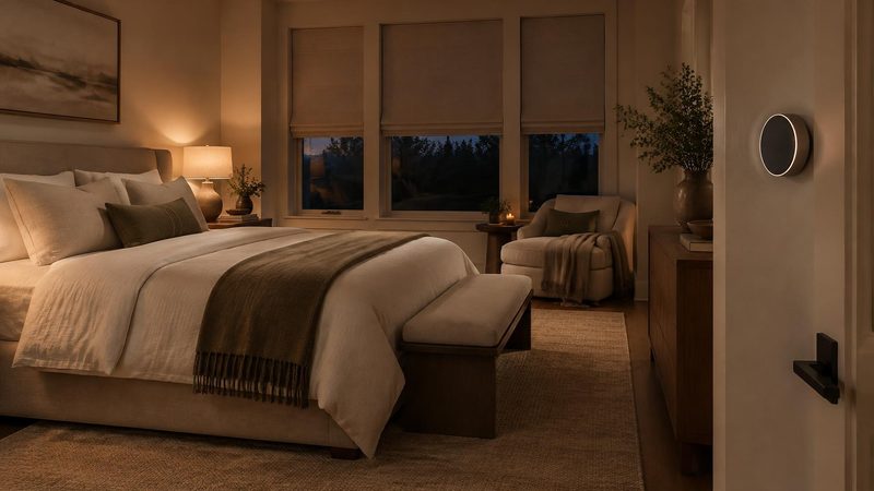 Cozy bedroom in the evening with a glowing wall thermostat