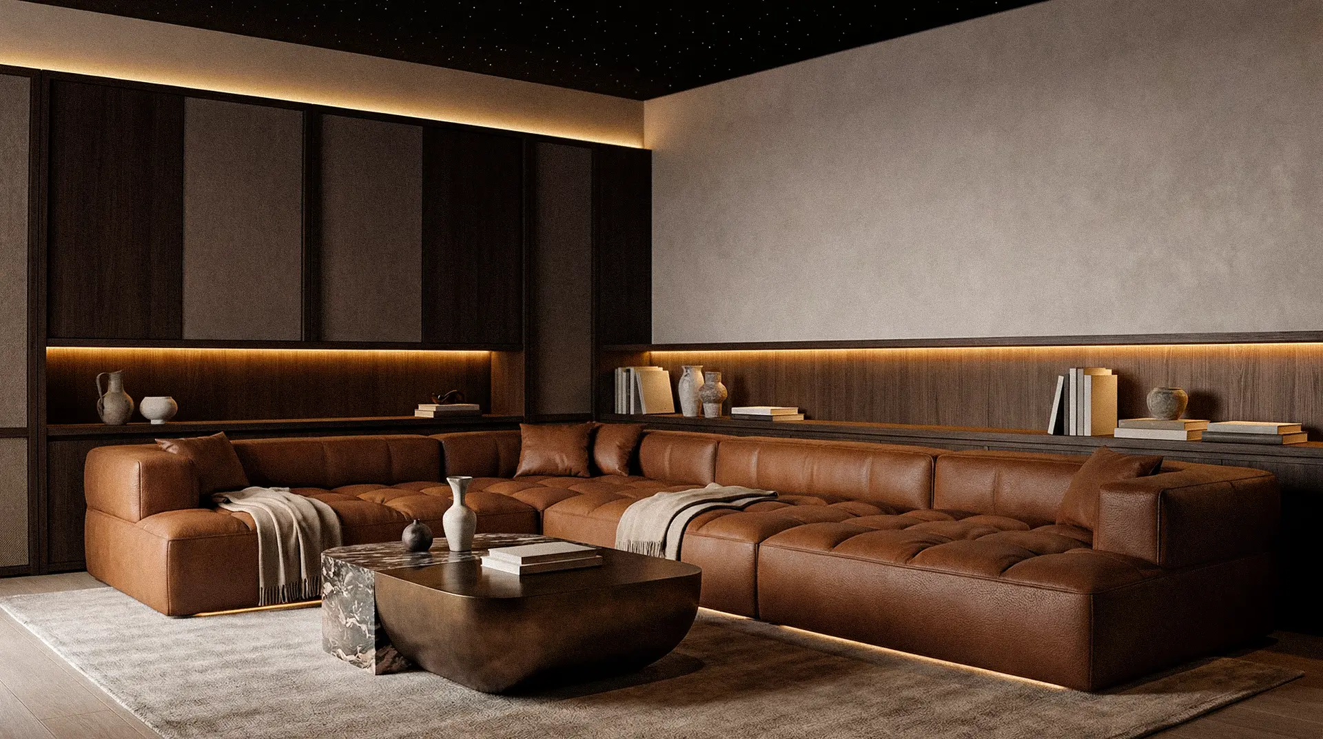 Acoustic wall treatment built into the panelling of a CinemaTech room