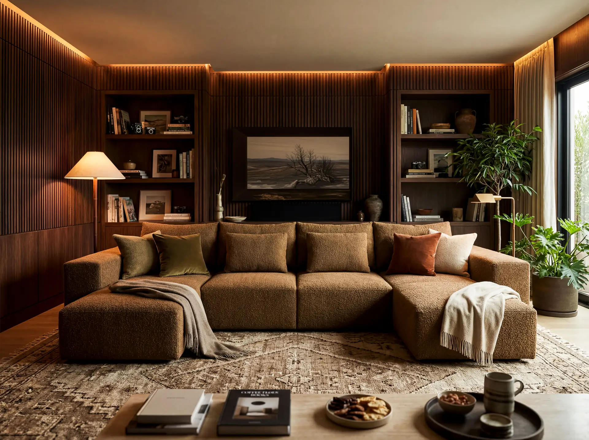 A CinemaTech media room with a large sectional, bookshelves and daylight