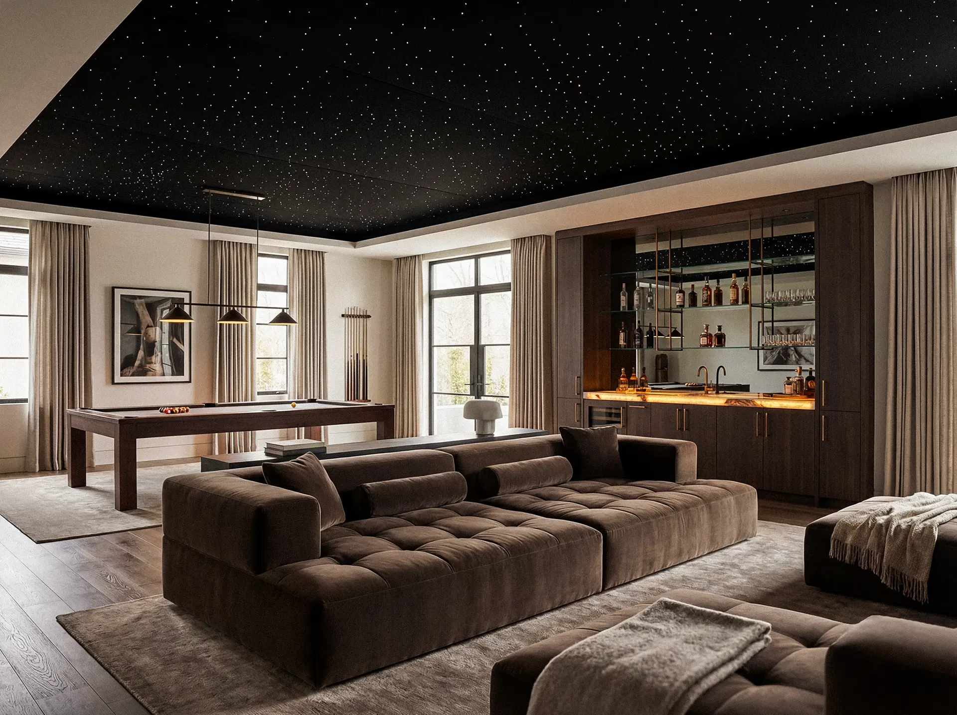A fiber-optic starlight ceiling above a CinemaTech media room