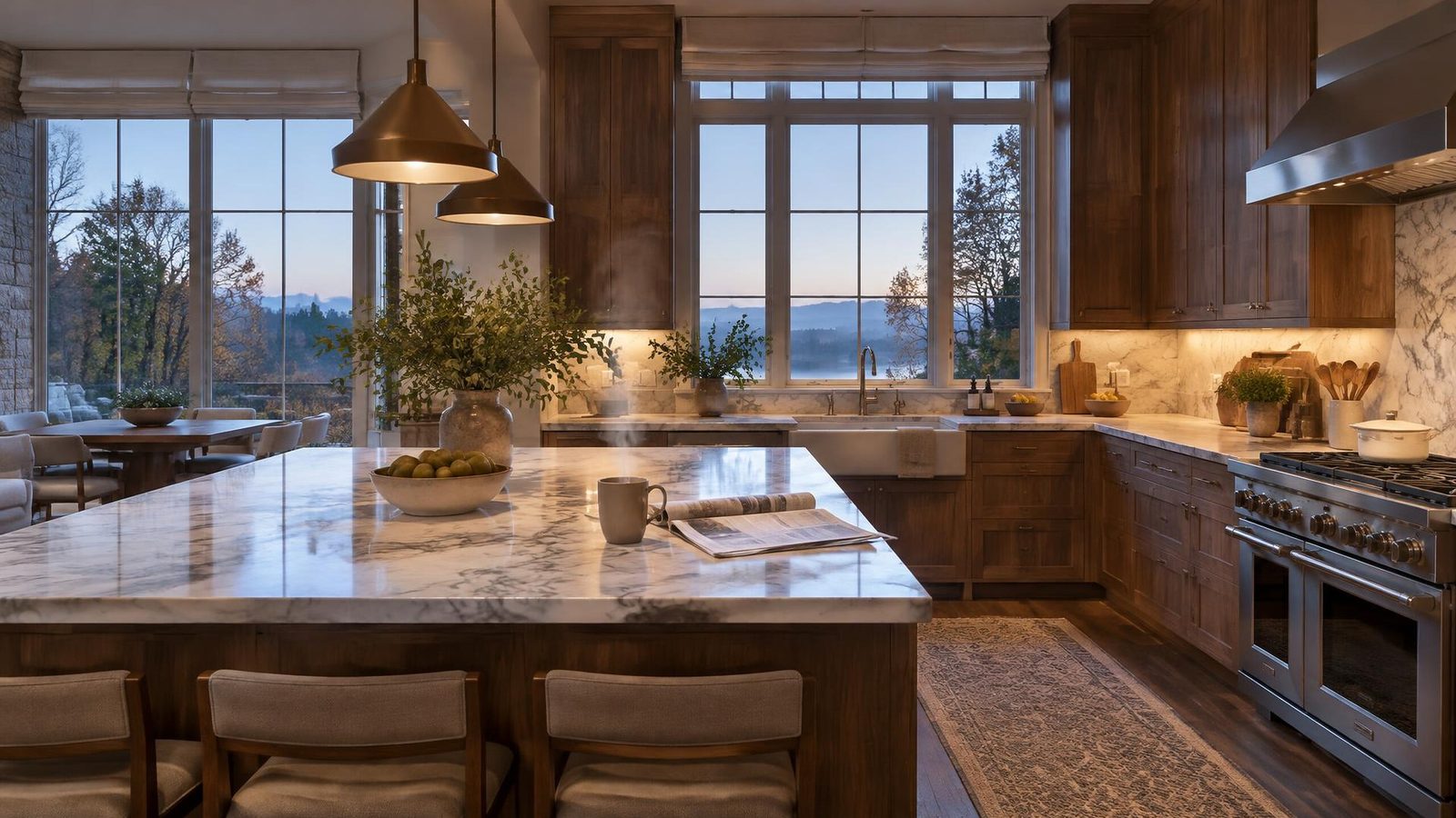 Kitchen at dawn with shades lifting and warm under-cabinet lighting