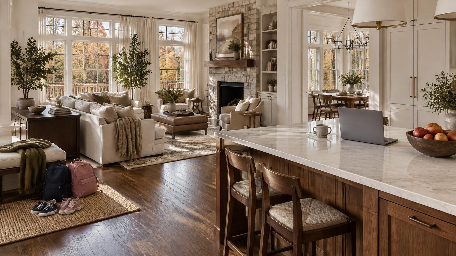 Sunlit family room and kitchen in the afternoon, laptop on the island and school backpacks by the bench