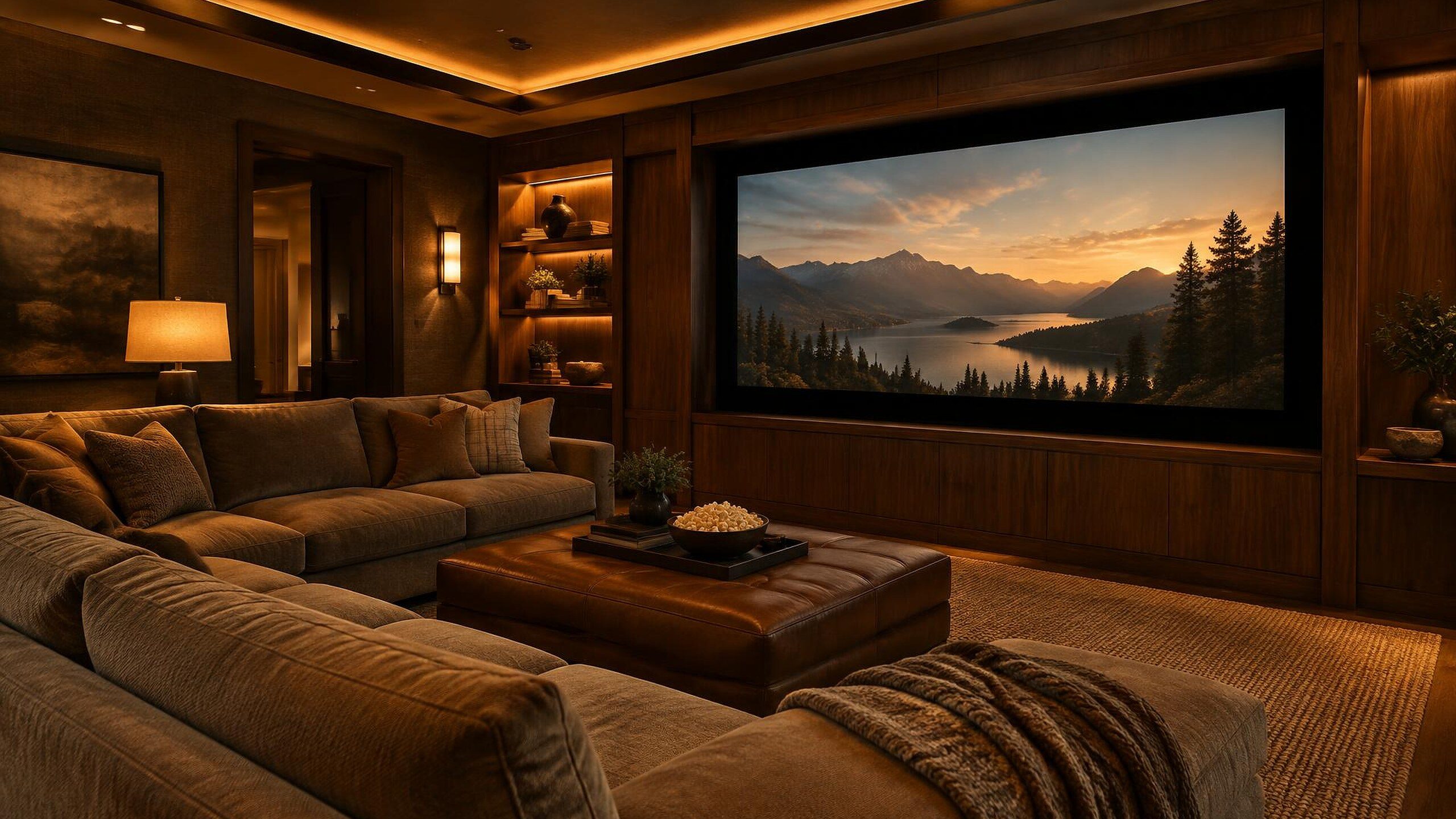 Media room with dimmed amber lighting, a film on the built-in screen and popcorn on the ottoman