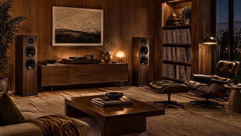 Walnut listening room with floor-standing speakers, a turntable and a vinyl collection