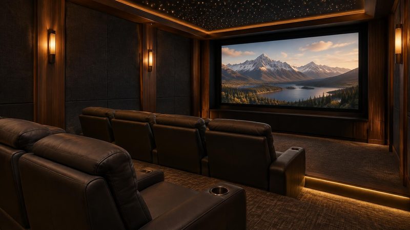 Dedicated home theater with tiered leather recliners and a star ceiling