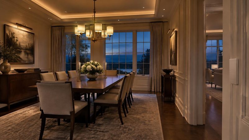 Dining room at dusk with layered warm lighting and a wall keypad