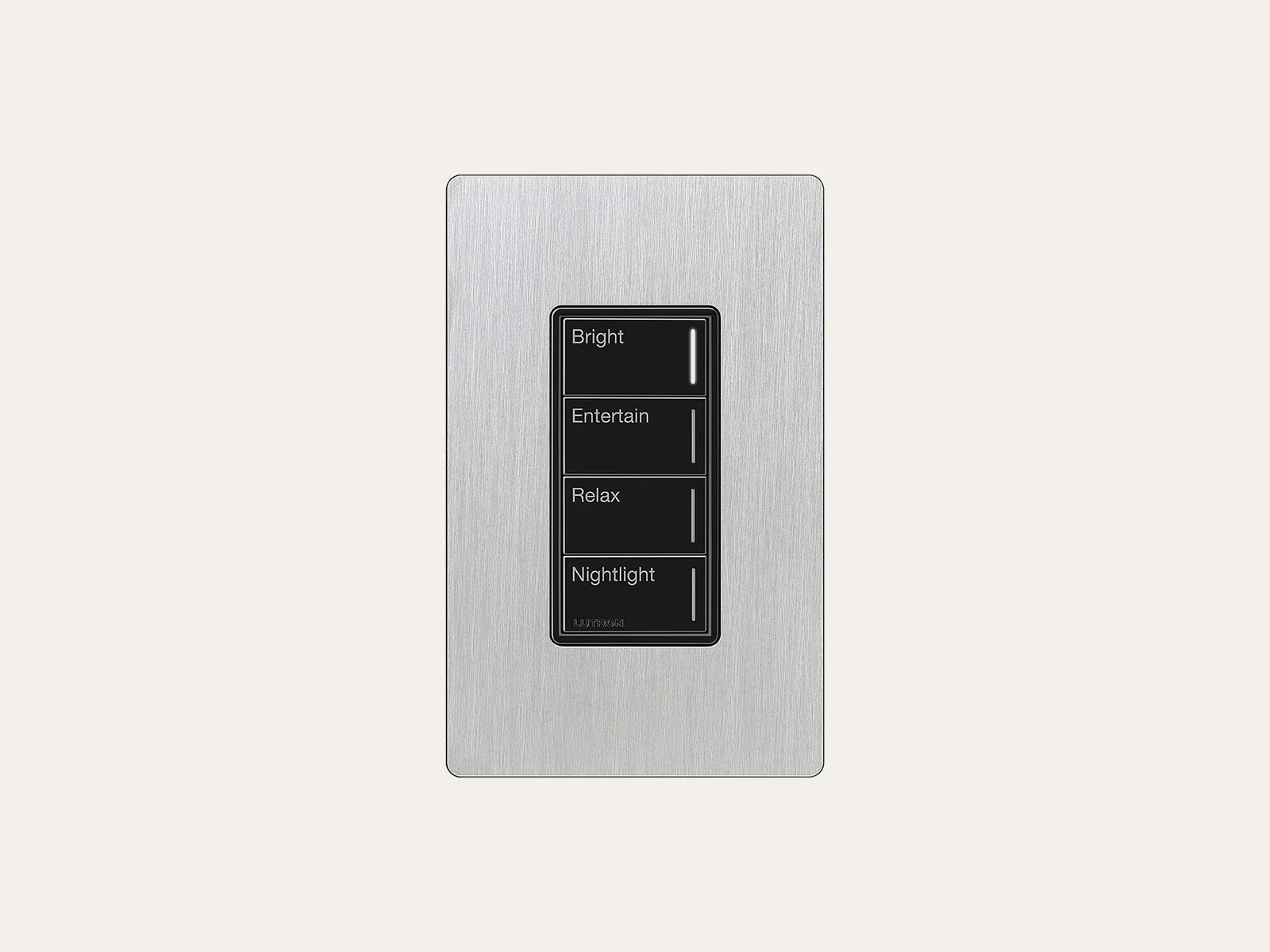 A Lutron Sunnata keypad in brushed metal engraved Bright, Entertain, Relax and Nightlight