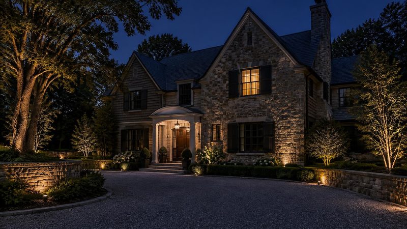 Stone house at night with landscape lighting and one lit window