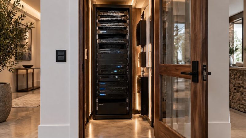 Neatly organized equipment closet behind a walnut and glass door