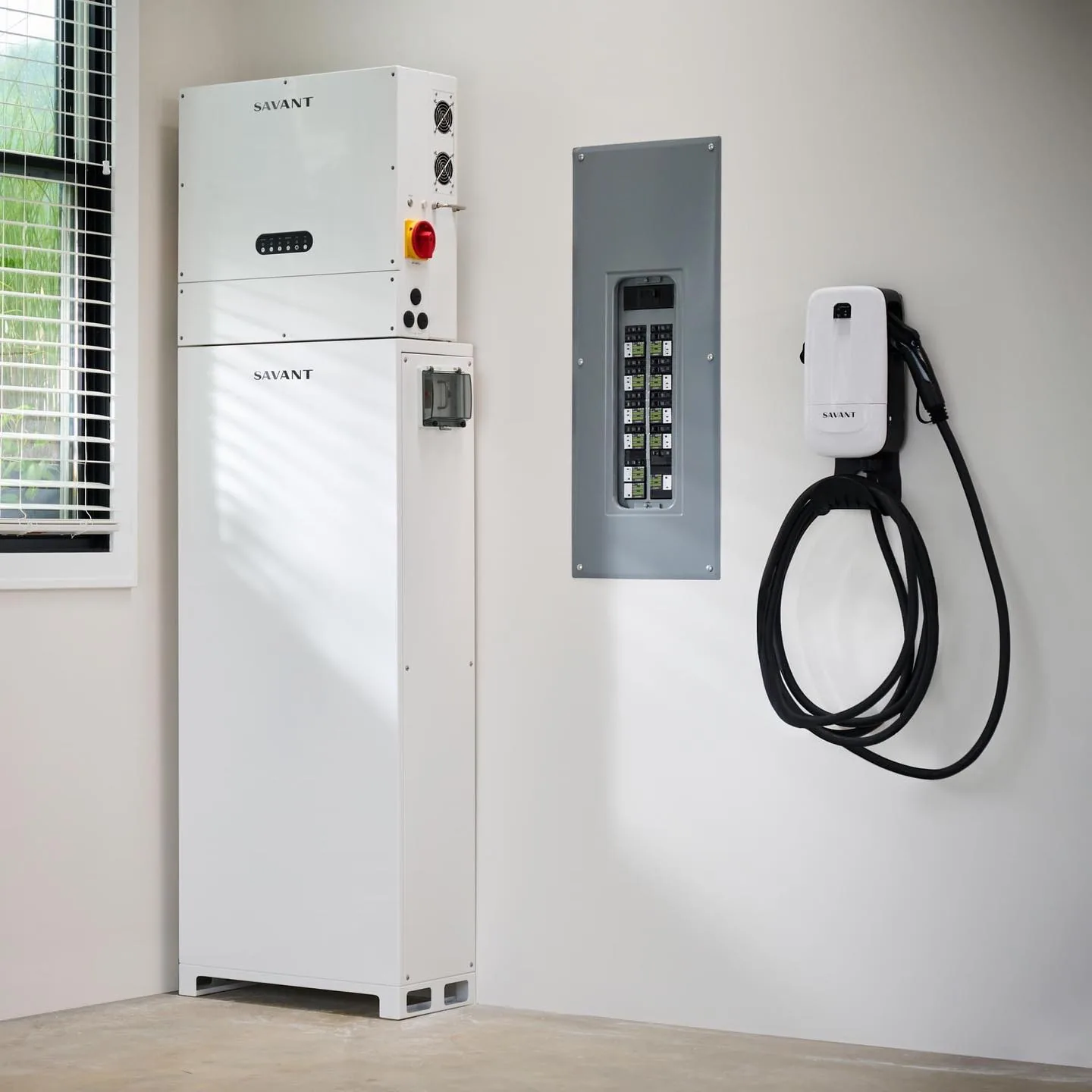 An electric vehicle charging in a garage from a Savant Level 2 charger