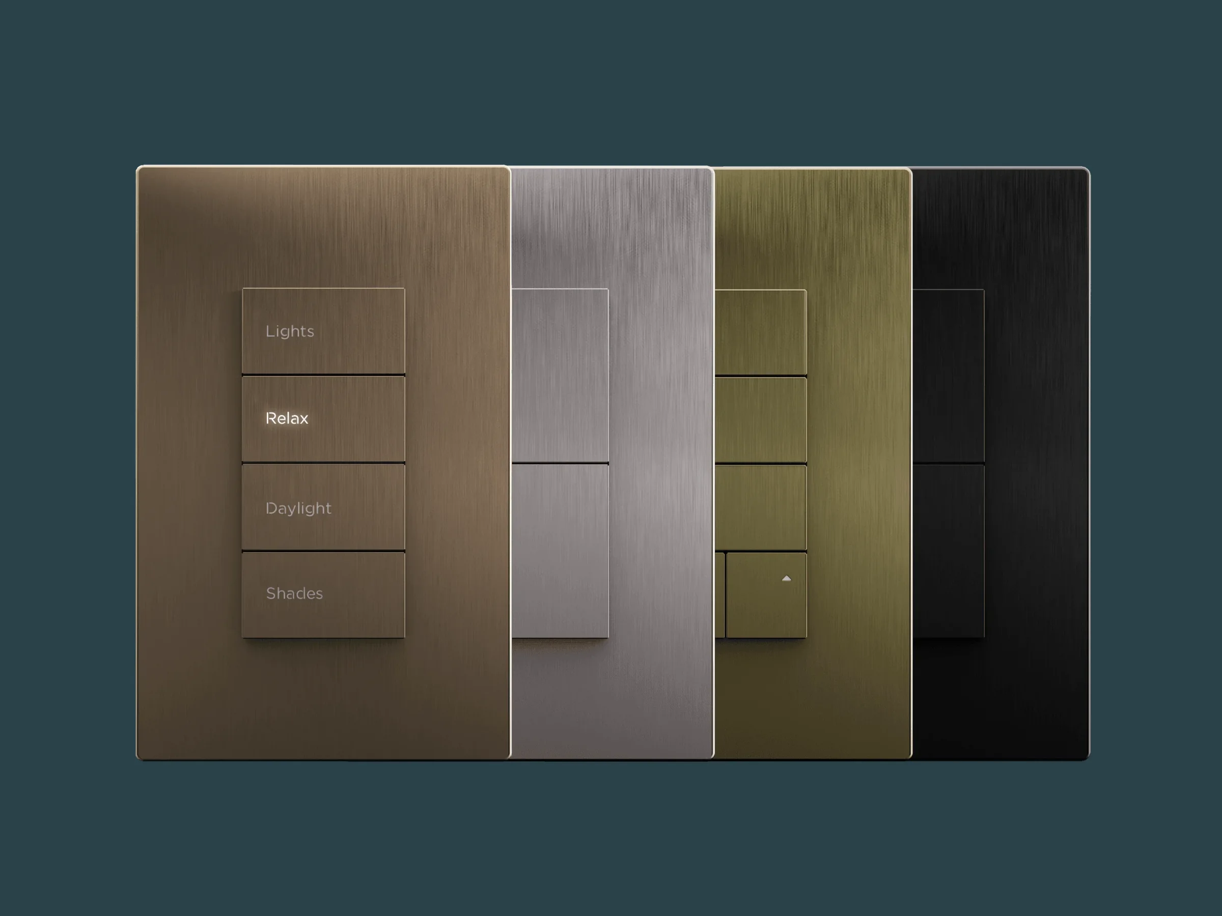 Four Savant Ascend keypads in bronze, nickel, brass and black, engraved Lights, Relax, Daylight and Shades