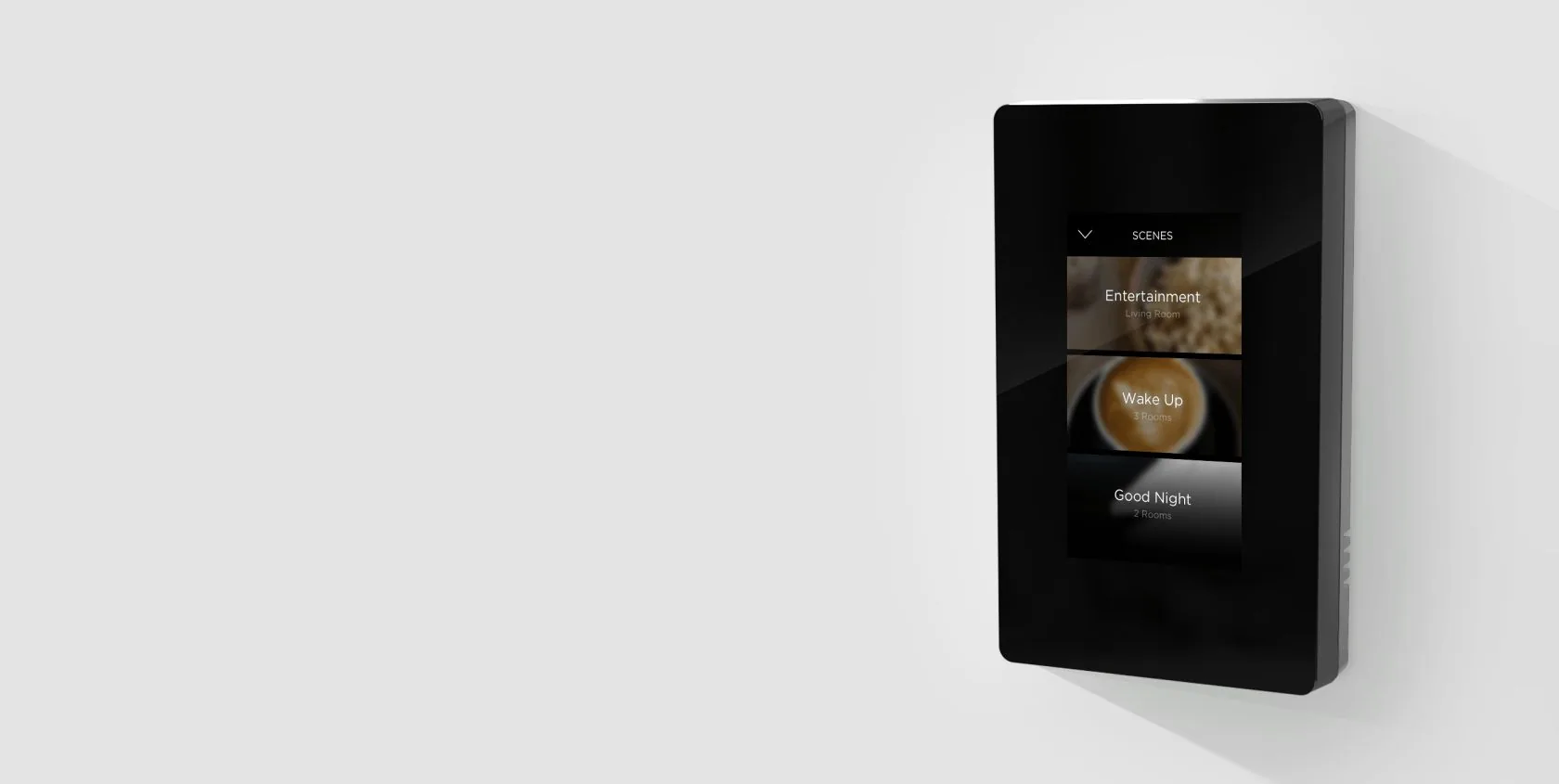 A black Savant Multistat thermostat showing Savant scene buttons